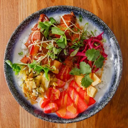 Red braised pork belly rice bowl